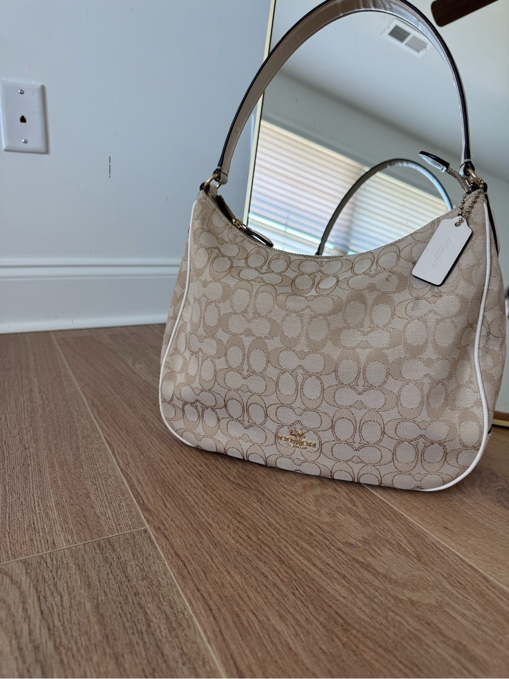Coach Beige Signature Jacquard Hobo Shoulder Bag with White Trim